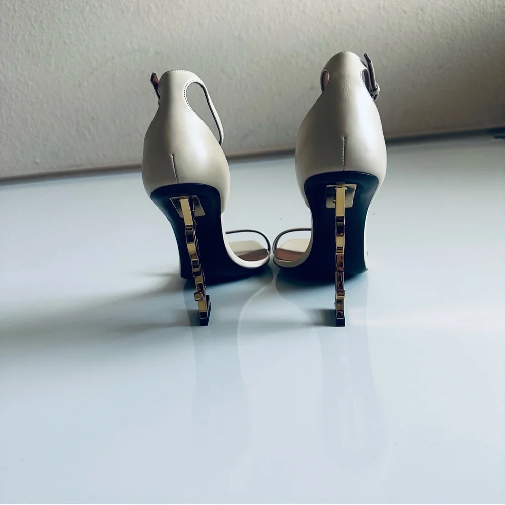 Saint Laurent Cream Heels with Gold Logo - Picture 5 of 11